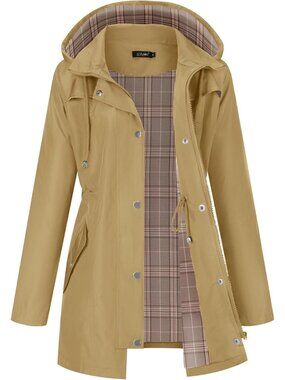 Women's Dark Khaki Hooded Plaid Lined Waterproof Hiking Windbreaker Trench Coat